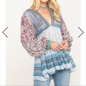 NWT Free People Aliyah Printed Tunic (Boho Blouse in Blue Metallic)